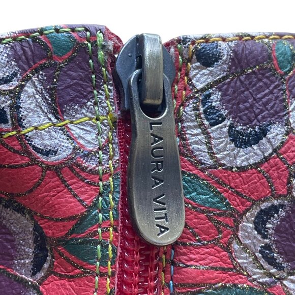 Laura Vita Women’s Red Floral Pattern Leather Open Toe Bow Accent Heels Size 10 - Picture 6 of 11